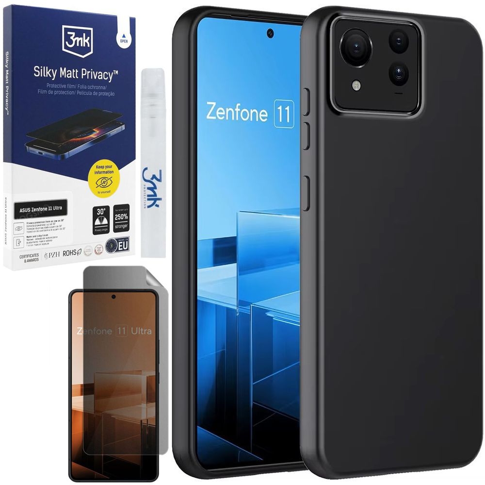 Cienkie Etui 3mk Matt Case | Black + FOLIA 3mk Silky Matt Privacy do Asus Zenfone 11 Ultra