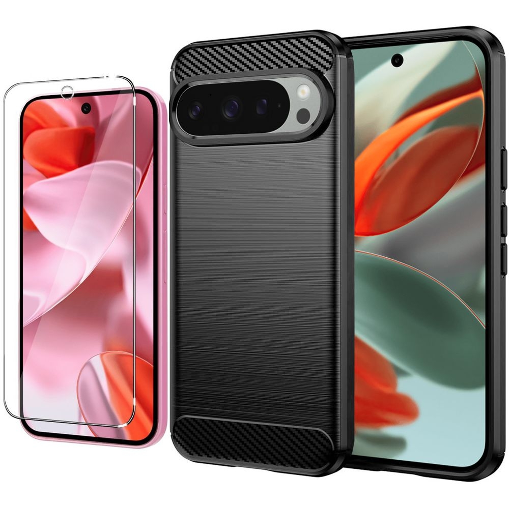 Etui CARBON Soft Case | Coal Black + SZKŁO do Google Pixel 9 Pro