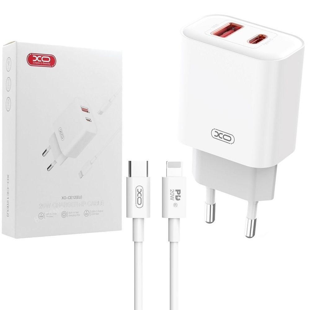 XO | Podwójna Ładowarka Sieciowa USB-A USB-C | QC PD 20W + Kabel Apple lightning