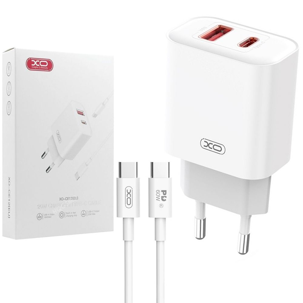 XO | Podwójna Ładowarka Sieciowa USB-A USB-C | QC PD 20W + Kabel USB-C