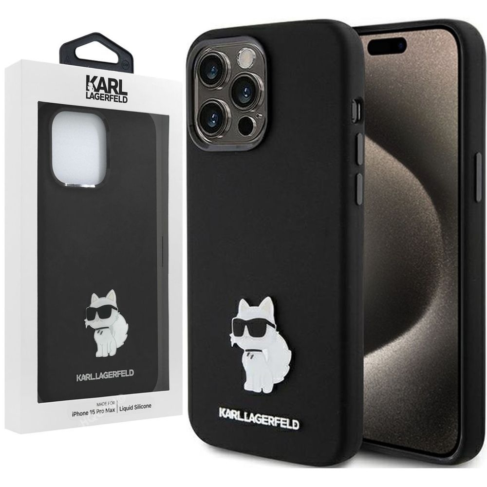 Etui Karl Lagerfeld Silicone | Choupette Metal Pin | Black do Apple iPhone 15 Pro Max