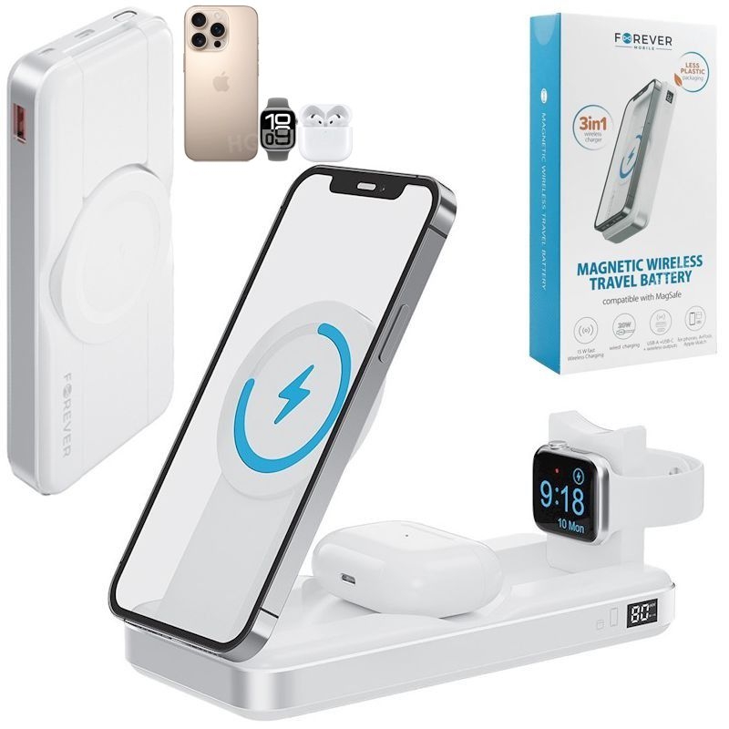 Forever 2w1 | Powerbank 10000mAh + Stacja 3w1 z Magsafe USB-C USB-A do Apple iPhone Watch AirPods