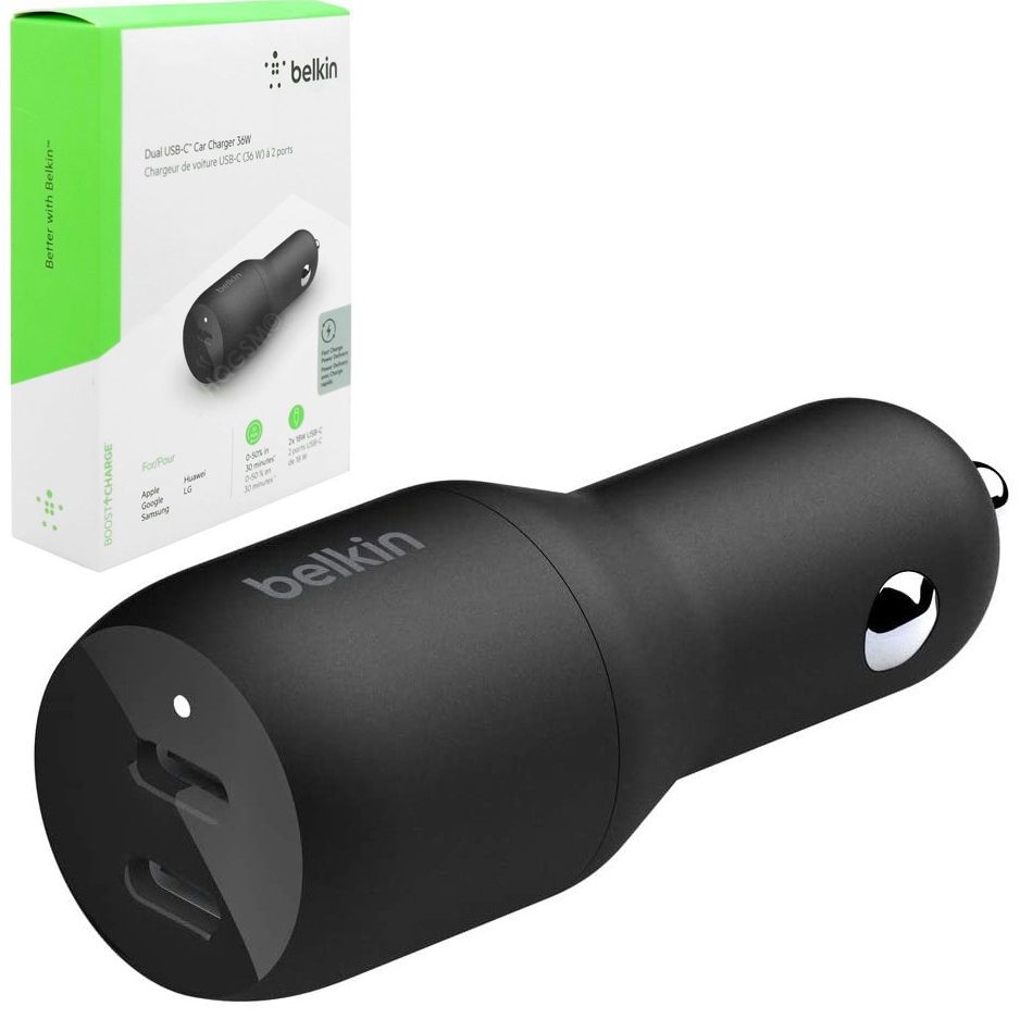 Belkin Dual USB-C | Ładowarka Samochodowa Power Delivery 36W | Czarna