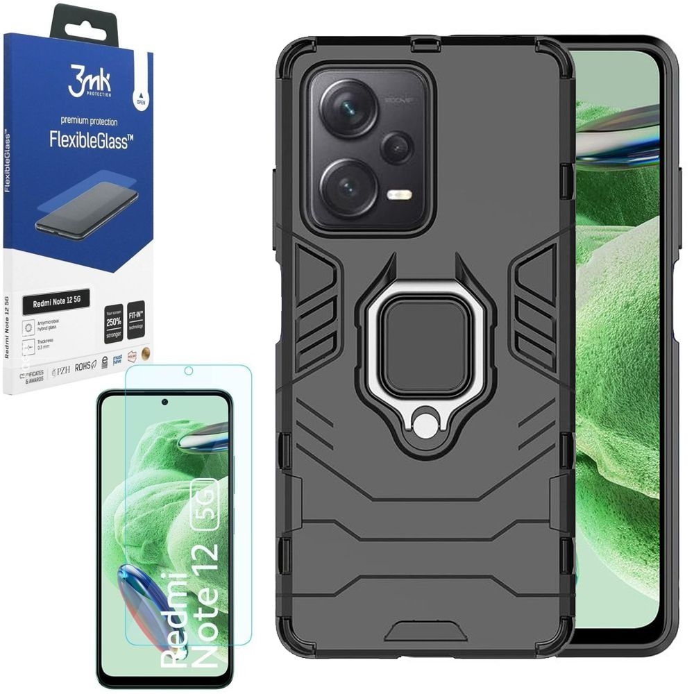 Hybrydowe Etui Armor Ring | Czarne + SZKŁO 3mk Flexible Glass do Xiaomi Redmi Note 12 5G