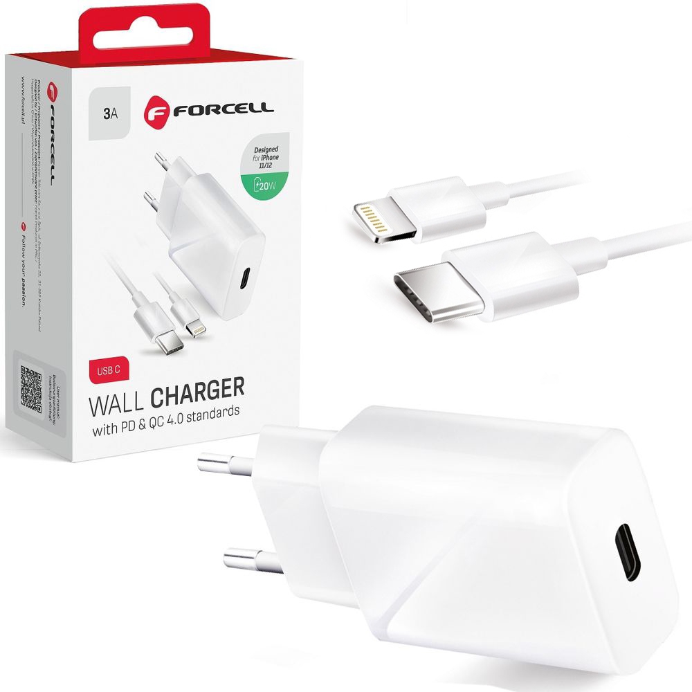 Forcell | Szybka Ładowarka Sieciowa USB-C PD QC 4.0 | 20W | Biała + Kabel USB-C Apple Lightning