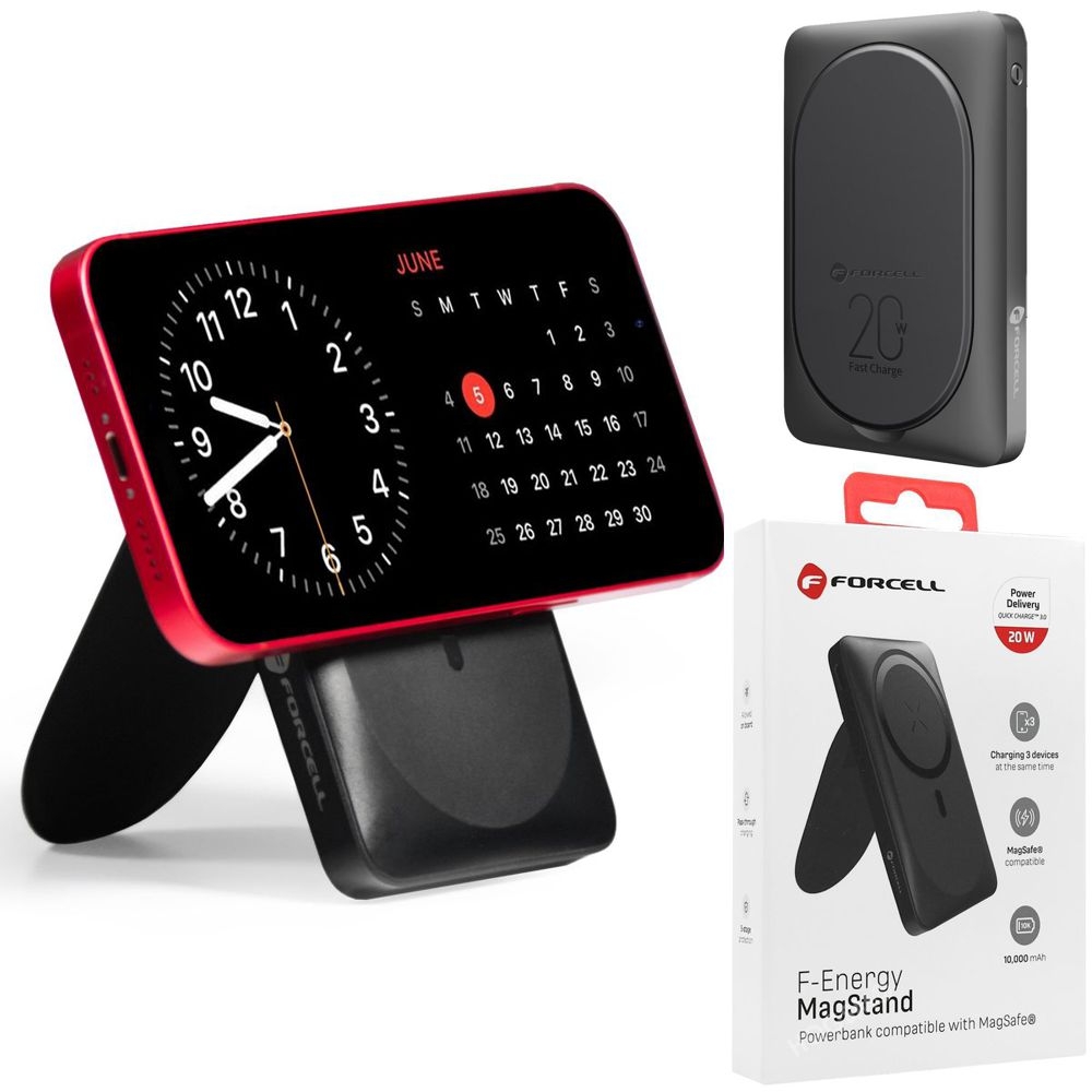 Forcell | PowerBank MagSafe USB-C Lightning USB z Podstawką | 10000mAh | Czarny