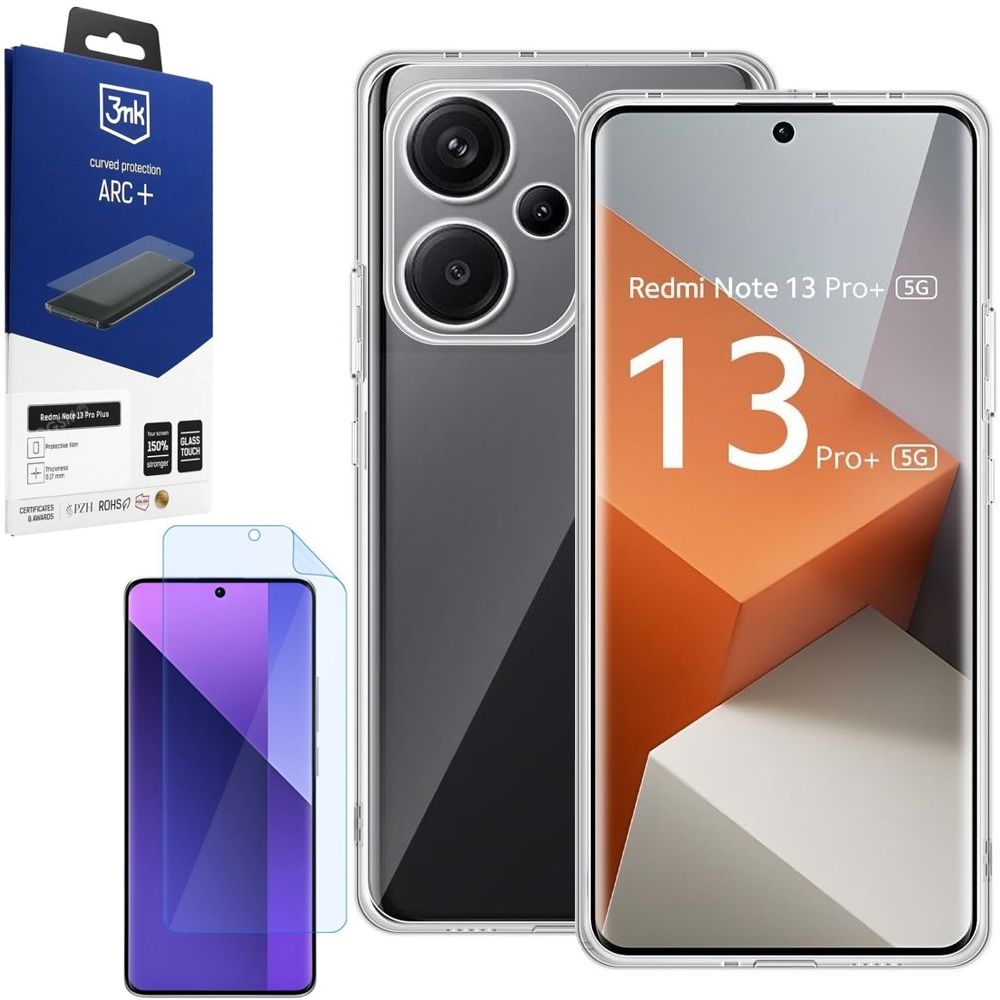 Cienkie Mocne Etui Air Case PRO 2mm | Bezbarwne + FOLIA 3mk ARC do Xiaomi Redmi Note 13 Pro+ Plus 5G