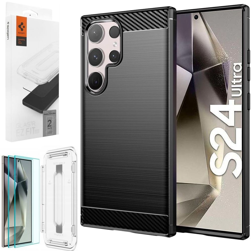 Etui CARBON Soft Case | Coal Black + 2x SZKŁO Spigen do Samsung Galaxy S24 Ultra