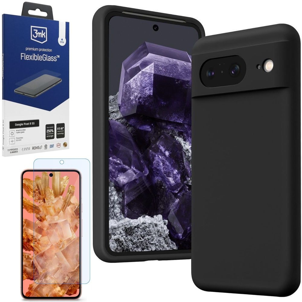 Cienkie Etui Silicone Case | Czarne + SZKŁO 3mk FG do Google Pixel 8 |