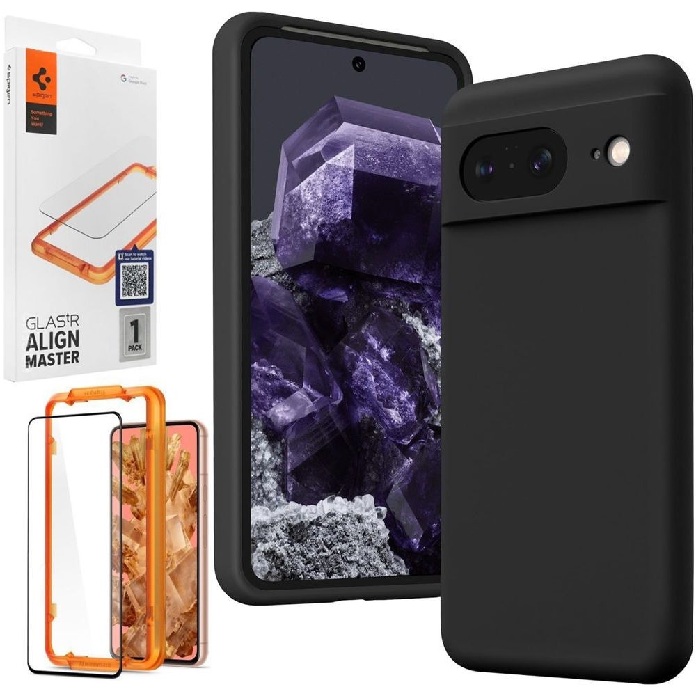 Cienkie Etui Silicone Case | Czarne + SZKŁO Spigen FC do Google Pixel 8 |