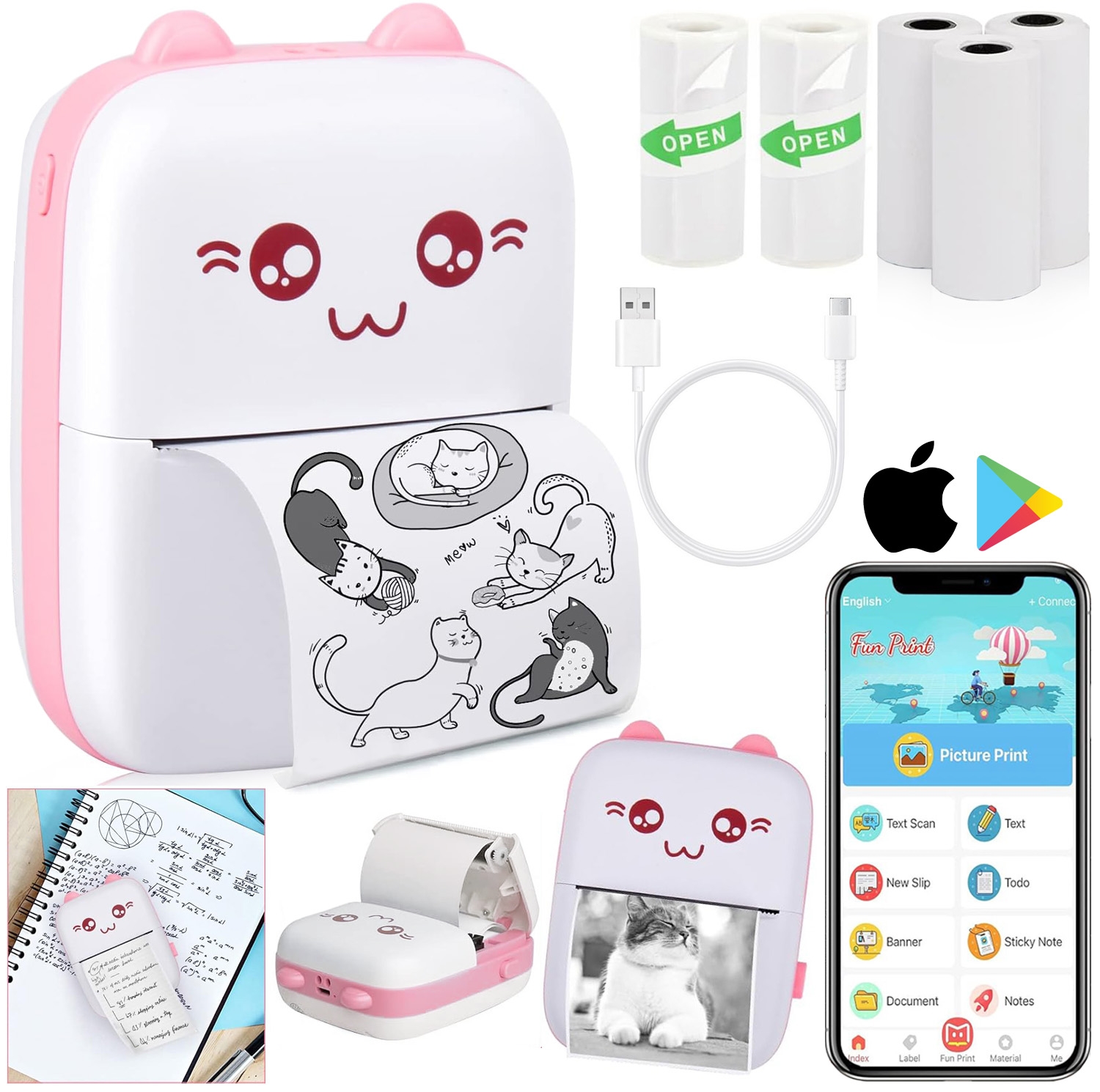 Drukuś | Mini Drukarka Termiczna Natychmiastowa | dla Dzieci | Kotek Różowy + 6 Rolek