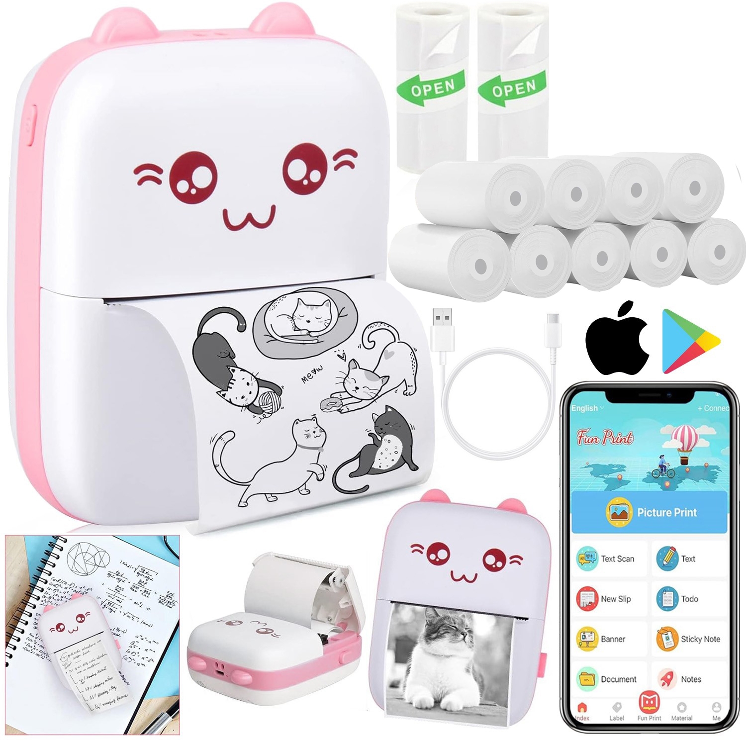 Drukuś | Mini Drukarka Termiczna Natychmiastowa | dla Dzieci | Kotek Różowy + PAPIER 11 rolek