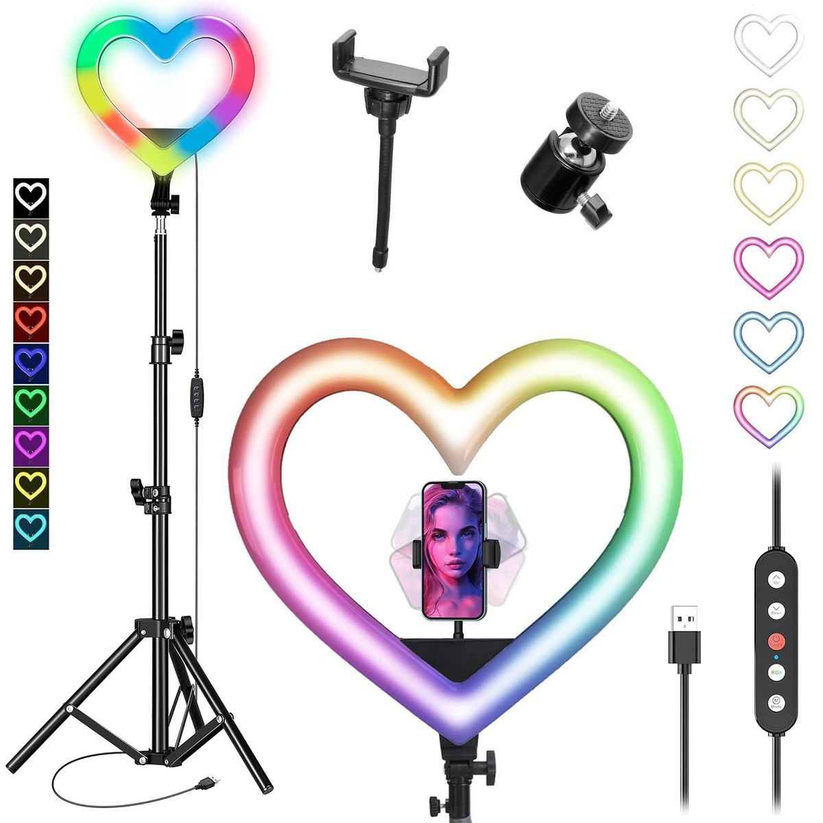 Lampa Pierścieniowa LED SERCE Wielokolorowa RGB 31cm Pilot + Statyw 210cm | 6 kolorów 19 efektów