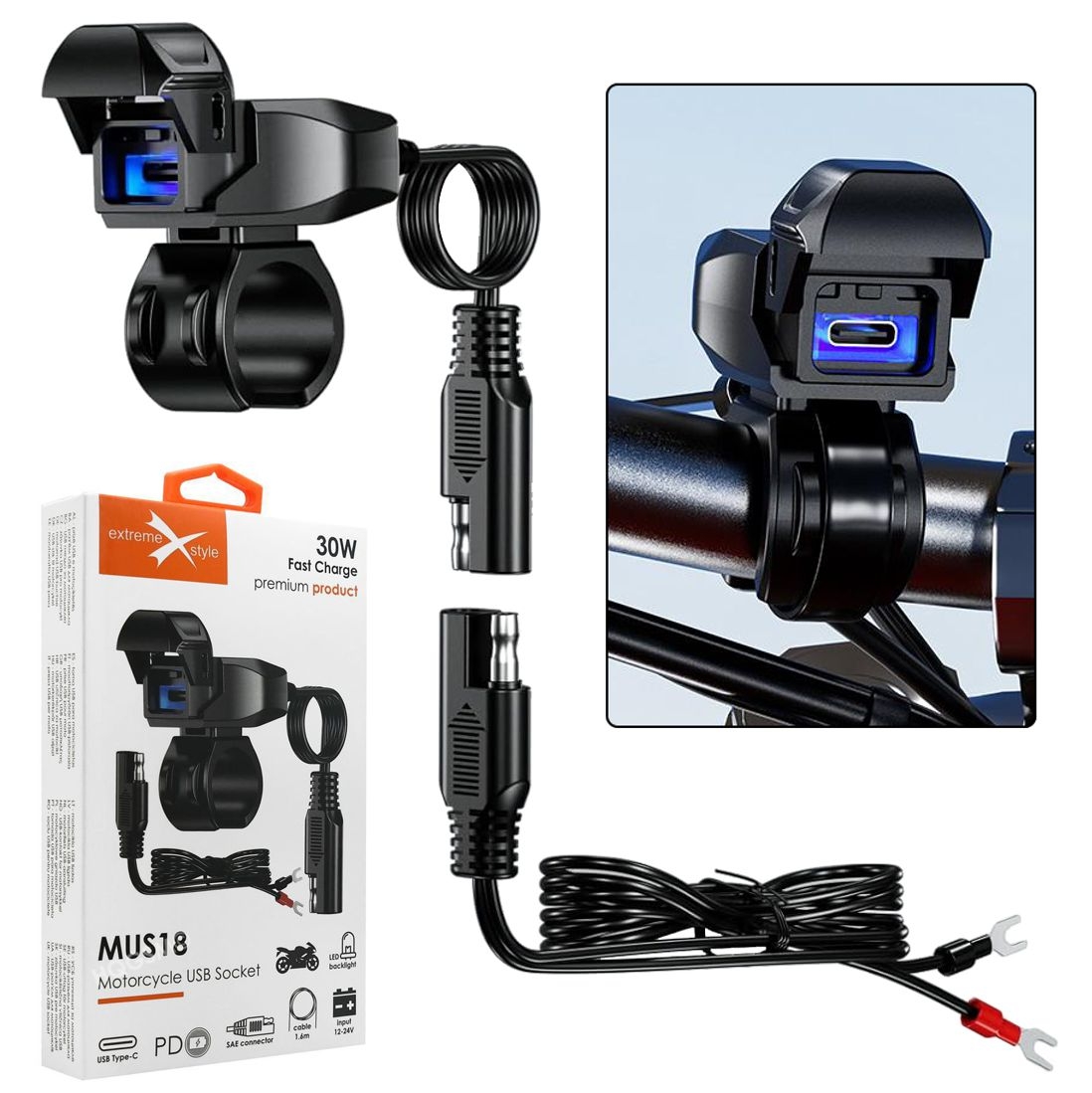 Motocyklowe Gniazdo USB-C Power Delivery 30W | Złącze SAE | 160cm