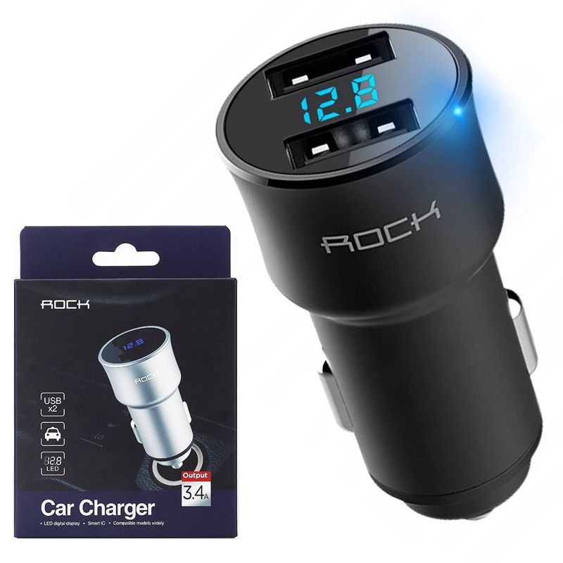 ROCK | Ładowarka Samochodowa z Wyświetlaczem Miernik Akumulatora 2xUSB