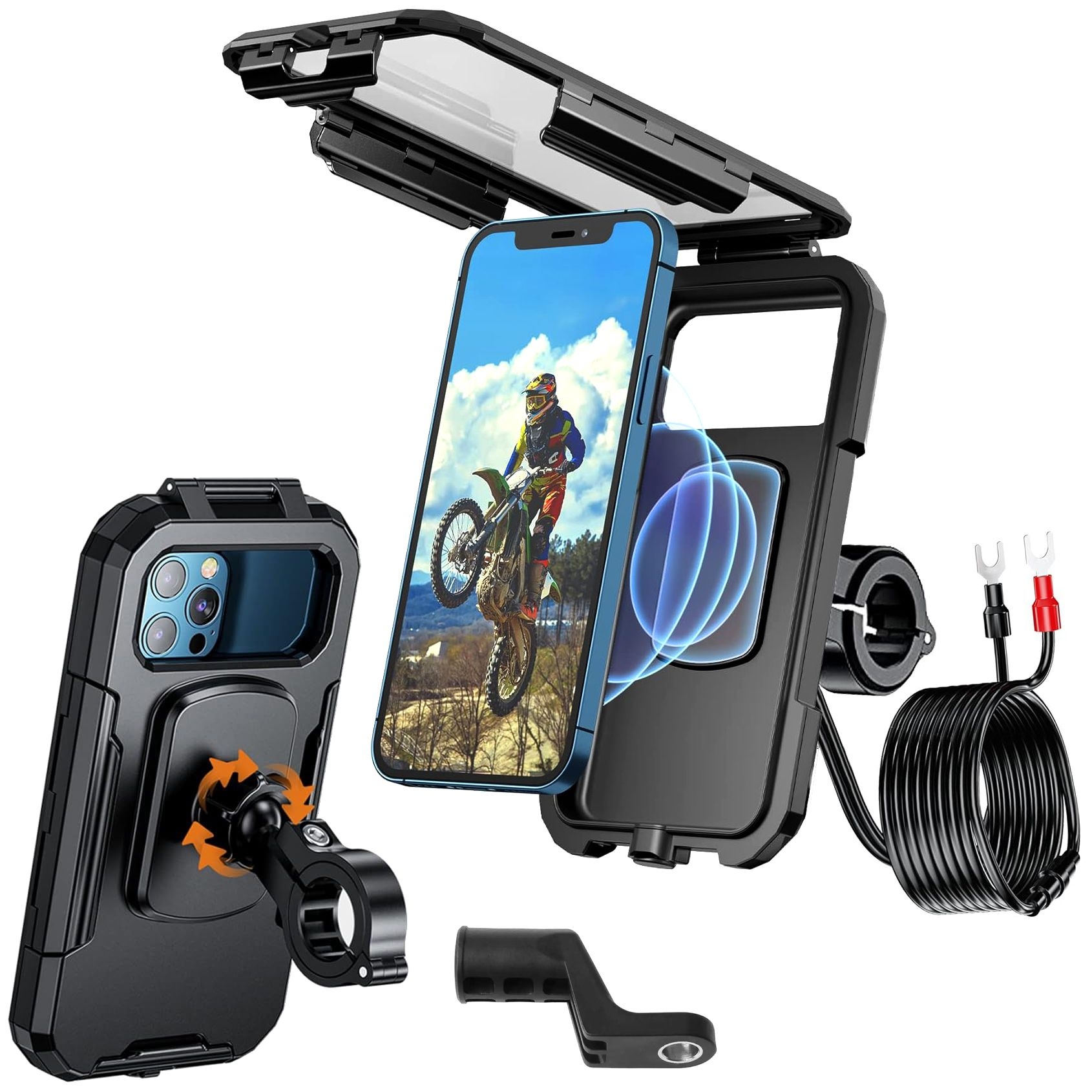 Wodoodporny Uchwyt Etui na Telefon | Ładowanie Indukcyjne Qi 15W + USB-C | Antywibracyjny Duży na Kierownicę pod Lusterko | Rower Motocykl