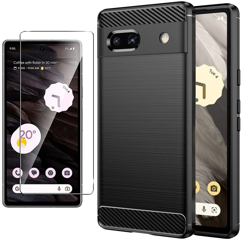 Etui CARBON Soft Case | Coal Black + SZKŁO do Google Pixel 7a