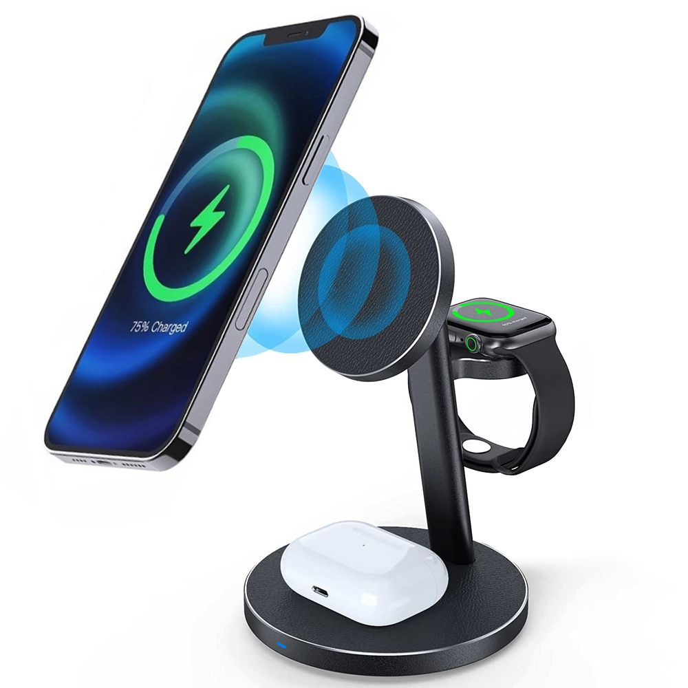 Stacja MagSafe 3w1  | Bezprzewodowa Ładowarka Indukcyjna Qi Stojak | 15W | Leather Black