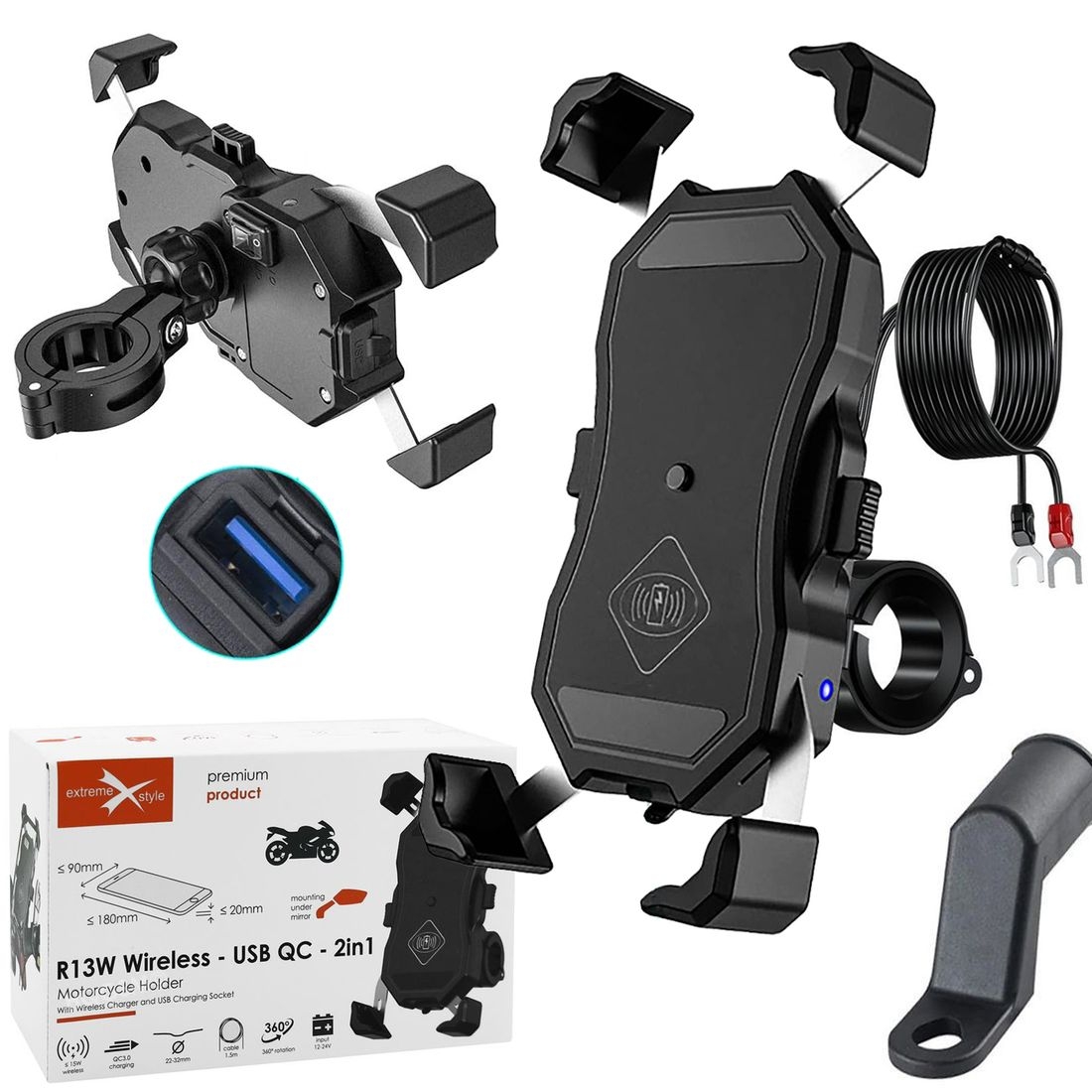 Duży Uchwyt Motocyklowy z Ładowarką Qi 15W USB-A 18W i Bezpiecznikiem | na Kierownicę pod Lusterko