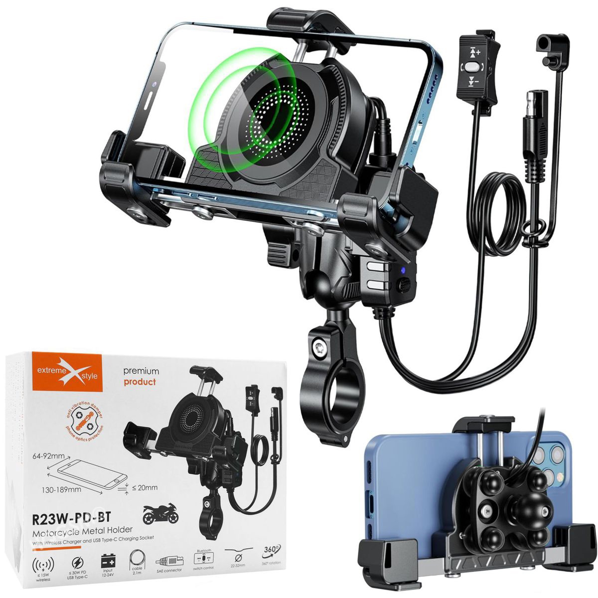 Uchwyt Motocyklowy z Ładowaniem Indukcyjnym 15W + USB-C 30W + Amortyzator + Pilot Bluetooth | Duży na Kierownicę pod Lusterko