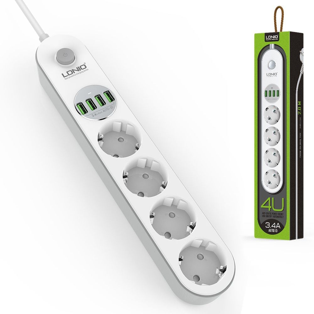LDNIO Power Socket | Listwa Przedłużacz Rozdzielacz 4xUSB 3.4A 4 Gniazda 250V | 200cm