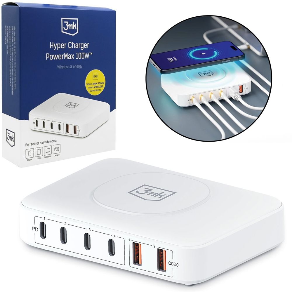 3mk Hyper Charger | Biurkowa Stacja Ładująca Indukcyjna 4x USB-C 2x USB Qi | 100W