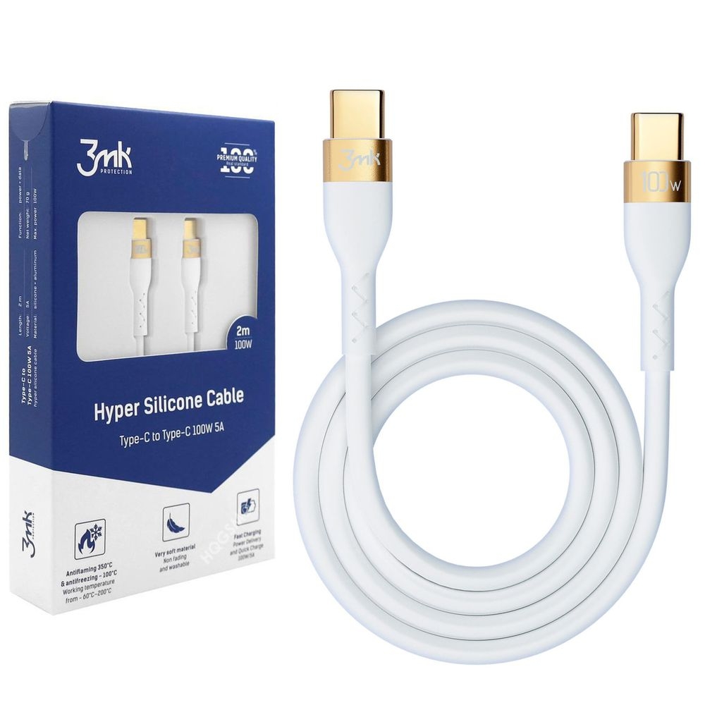 3mk Hyper Silicone | Szybki Kabel USB-C | PD 100W 5A | 200cm | Biały