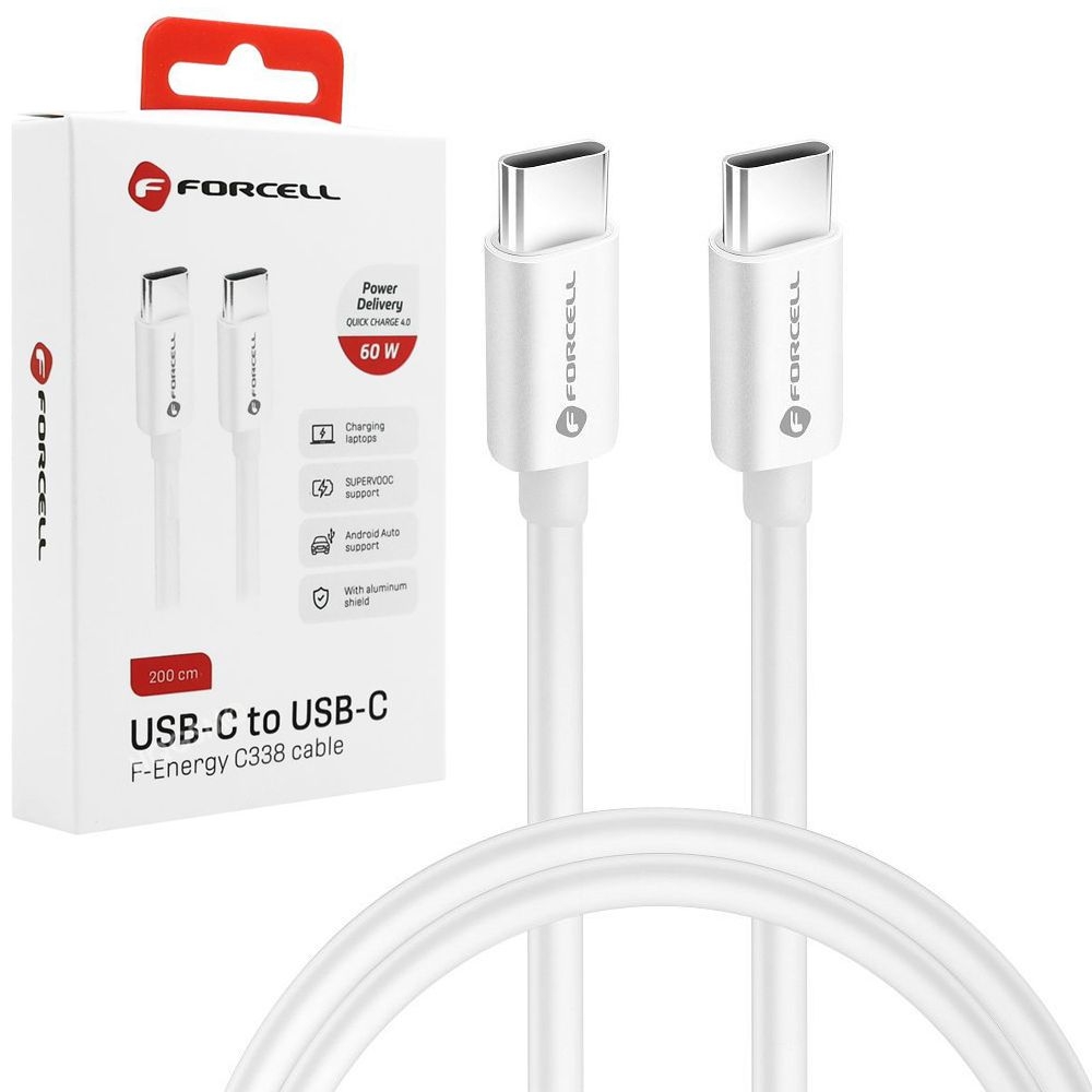 Forcell | Szybki Kabel USB-C PD QC 4.0 | 60W | Android Auto | Biały | 200cm