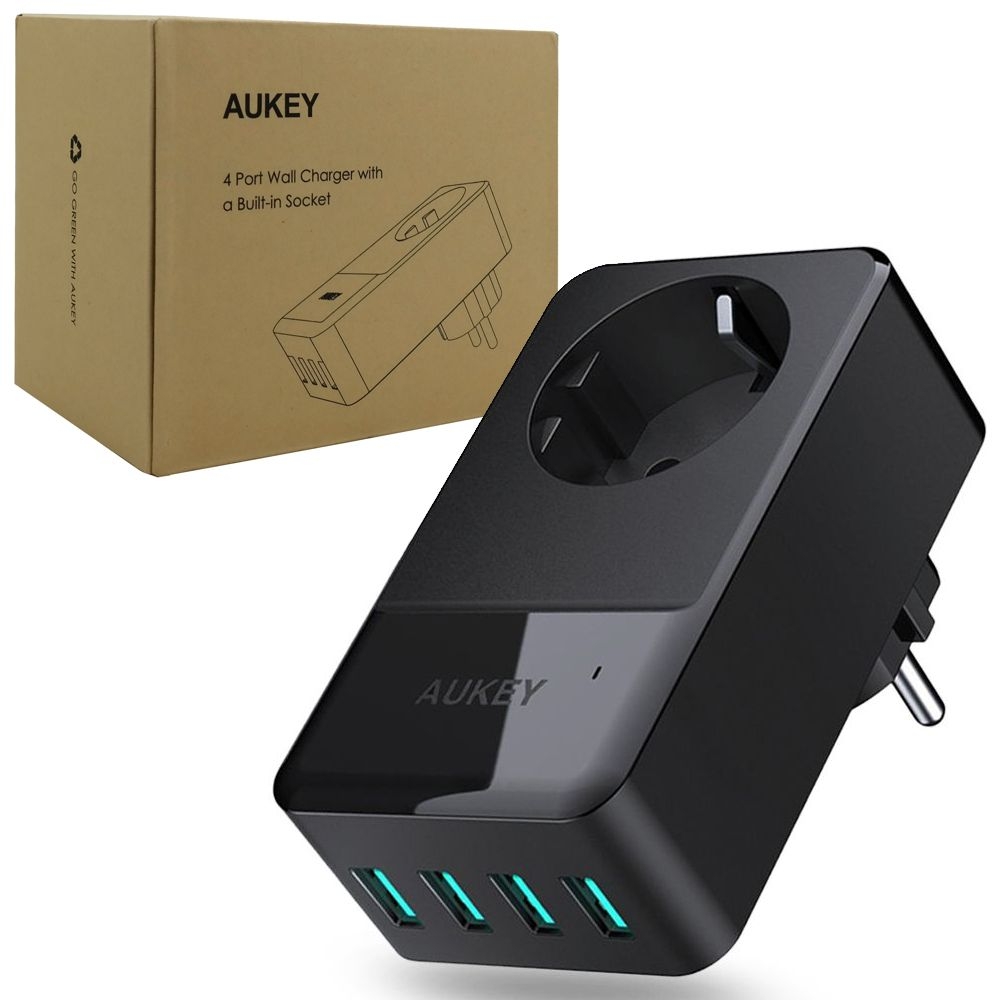 Aukey PA-S12 | Ładowarka Sieciowa 4xUSB 30W 6A Z Gniazdem Sieciowym