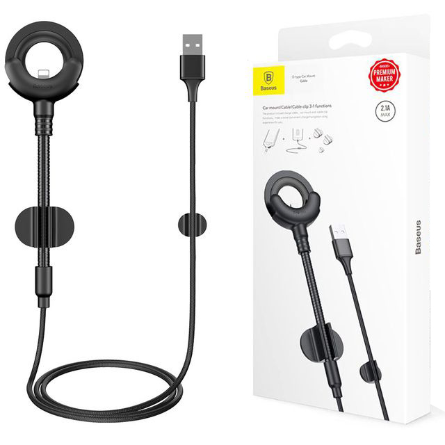 Baseus O-Type | Aktywny Uchwyt Samochodowy Kabel Lightning 2w1 | Czarny
