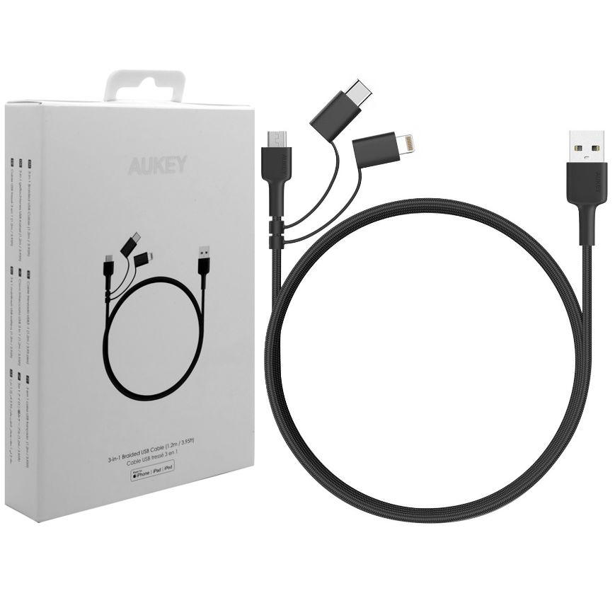 AUKEY CB-BAL5 | Oryginalny Kabel 3w1 microUSB USB-C Lightning | 120cm