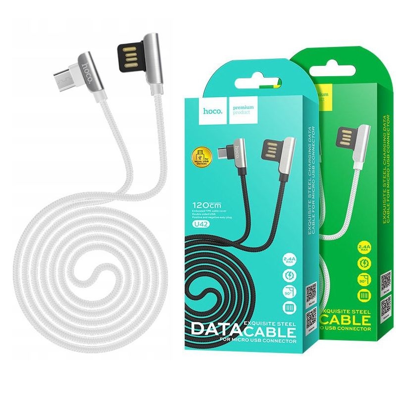 Hoco | Kątowy 90° Kabel microUSB w Oplocie | 120cm | Biały