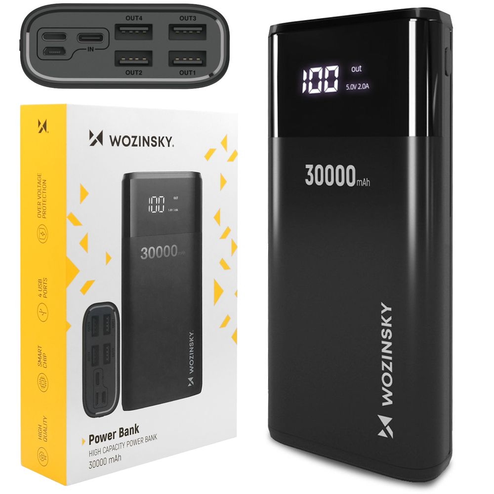 Powerbank z Wyświetlaczem LCD | 4x USB | 30000mAh
