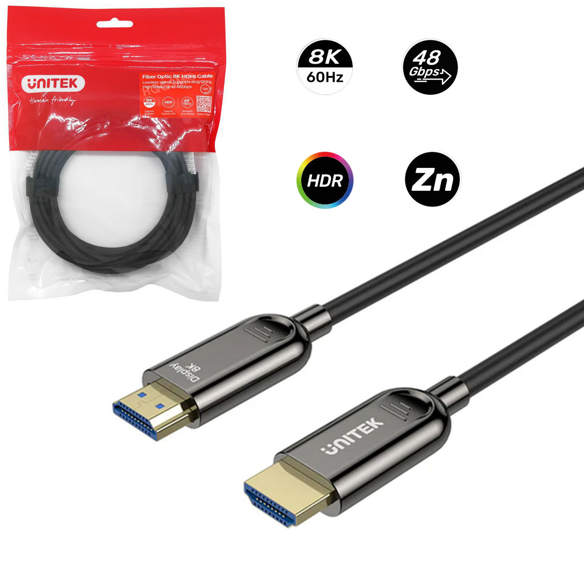 Unitek | Światłowodowy Kabel HDMI 2.1 na HDMI 2.1 Optyczny | AOC 8K/60Hz 4K/120Hz | 5m