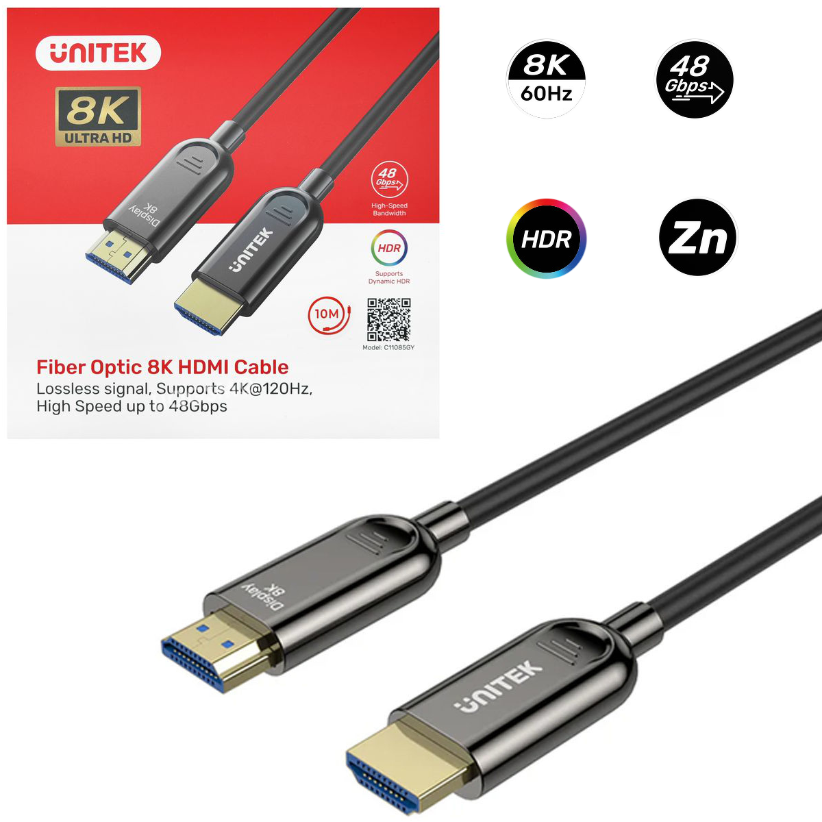 Unitek | Światłowodowy Kabel HDMI 2.1 na HDMI 2.1 Optyczny | AOC 8K/60Hz 4K/120Hz | 10m
