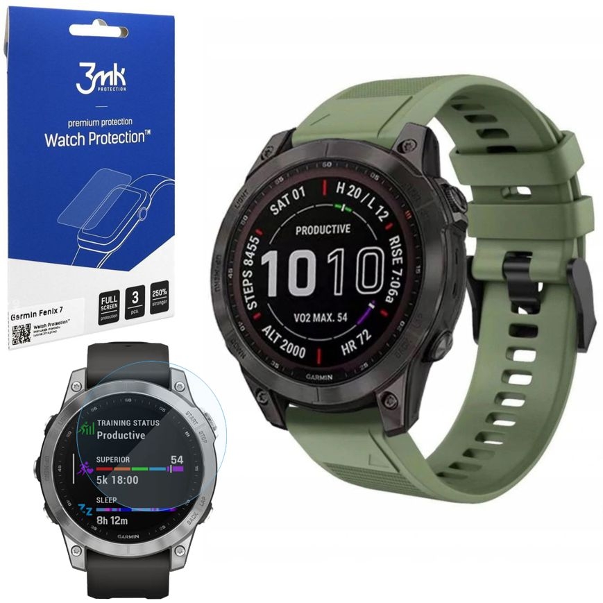 Pasek Silikonowy Armband | Army Green + 3x FOLIA 3mk do Garmin Fenix 7