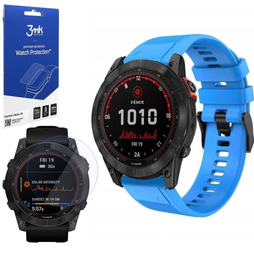 Pasek Silikonowy Armband | Niebieski + 3x FOLIA 3mk do Garmin Fenix 7X