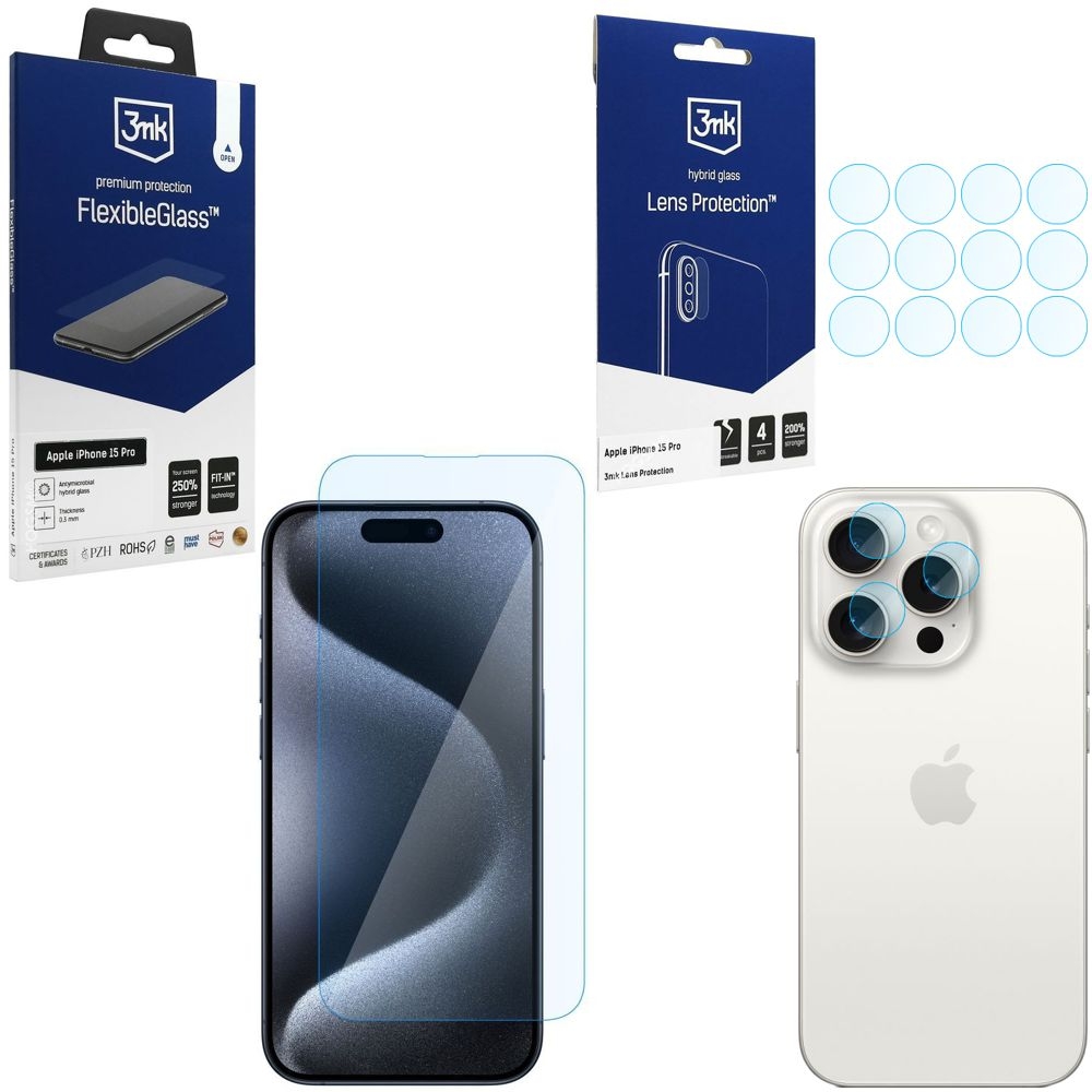 SZKŁO 3mk Flexible Glass + 4x APARAT Lens Protection do Apple iPhone 15 Pro |