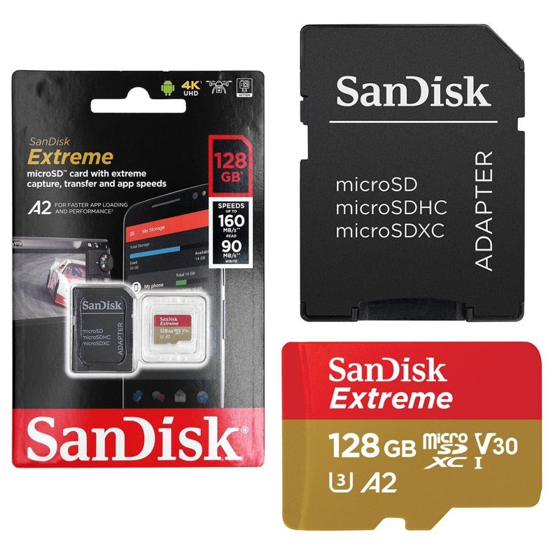 Karta Pamięci SanDisk Extreme 128GB | 160/90 MB/s A2 C10 V30 UHS-I U3 + Adapter