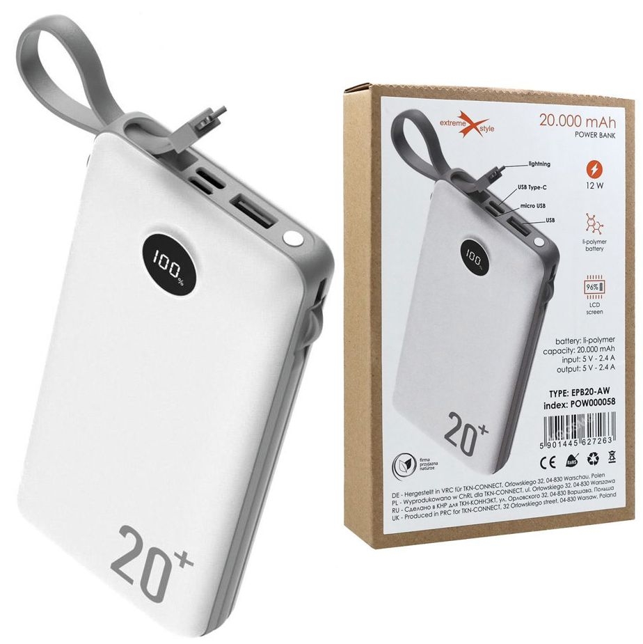ExtremeStyle | Powerbank USB-A USB-C microUSB z Wbudowanym Kablem Lightning + Kabel 2w1 | 20000mAh