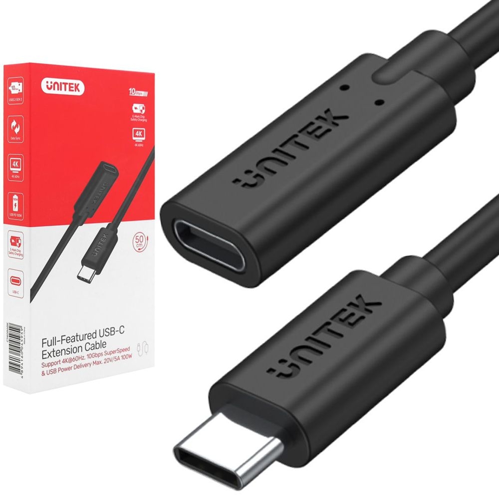 UNITEK | Kabel Przedłużacz USB-C | PD 100W QC 4.0 10Gb/s 4K 60Hz | 50cm