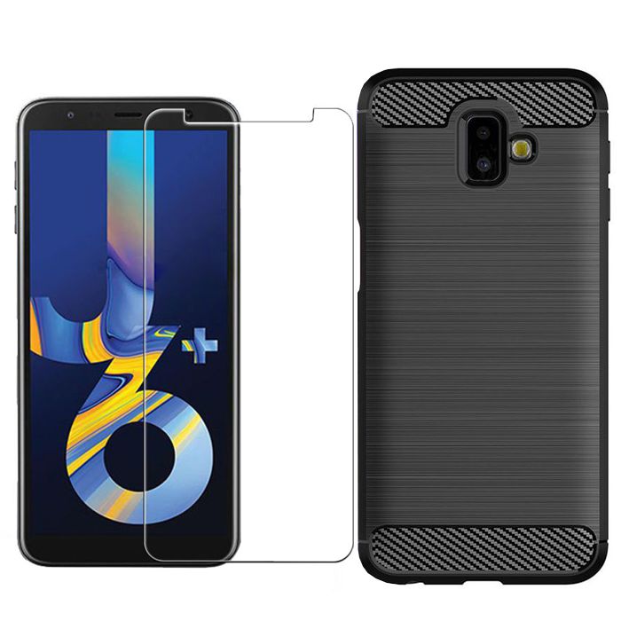Samsung Galaxy J6+ Plus | Etui CARBON Soft Case | Coal Black + SZKŁO