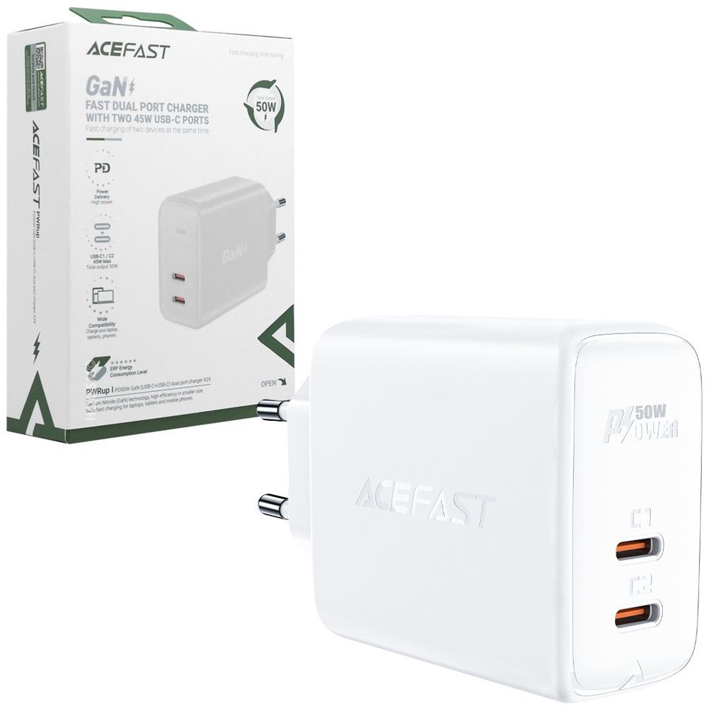 AceFast | Szybka Ładowarka Sieciowa 2x USB-C | QC PD AFC FCP | 50W | Biała