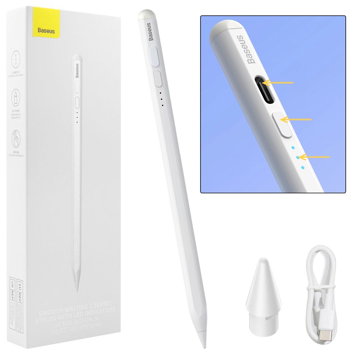 Baseus Pencil Smooth2 |  Bezprzewodowy Rysik USB-C + Końcówka | Biały do Apple iPad