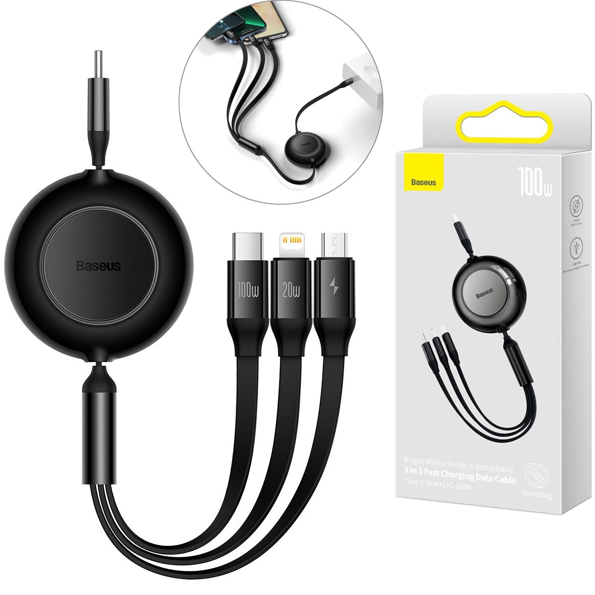 Baseus | Zwijany Kabel 3w1 microUSB USB-C Lightning 100W | 110cm