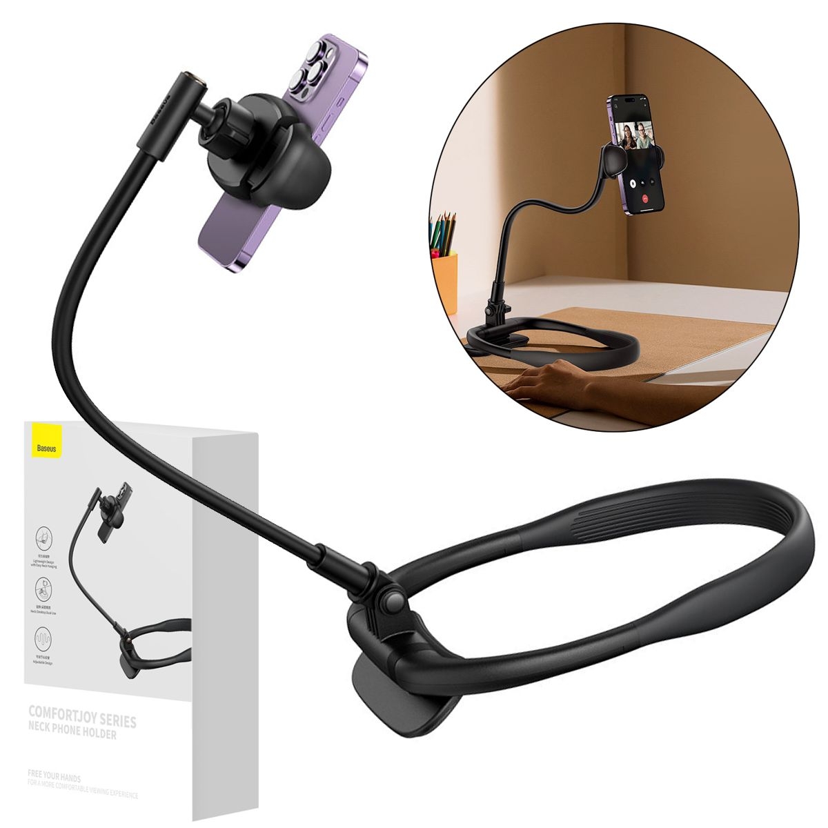 Baseus Lazy Bracket 2 | Uchwyt na Szyję na Telefon | Czarny