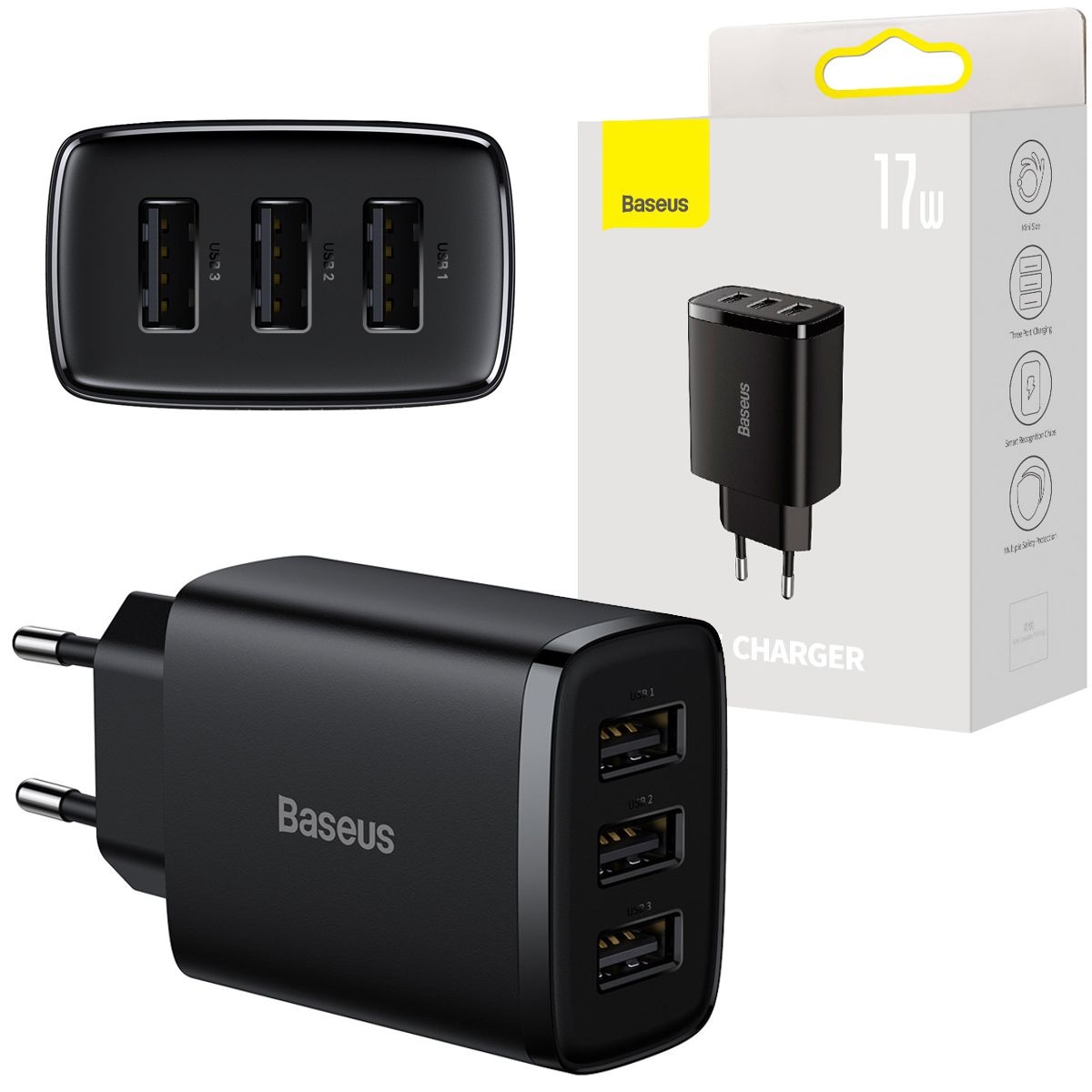 Baseus Compact | Ładowarka Sieciowa 3x USB 17W