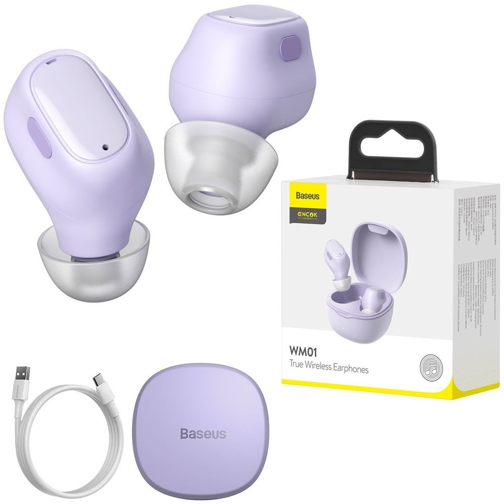 Baseus Encok WM01 | Słuchawki BT 5.0 + Etui Ładujące Powerbank | USB-C | Fioletowe