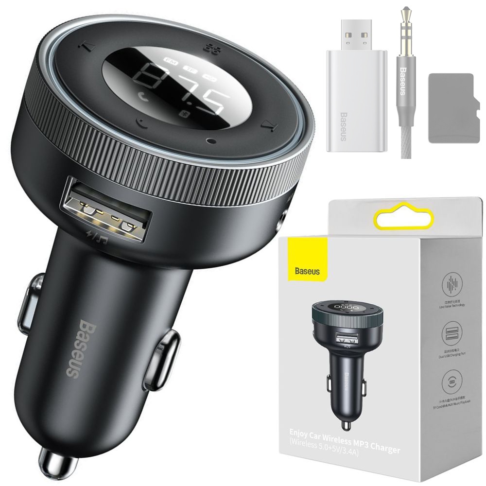 Baseus Enjoy | Transmiter FM Bluetooth 5.0 + Ładowarka 2x USB | USB TF jack 3.5mm