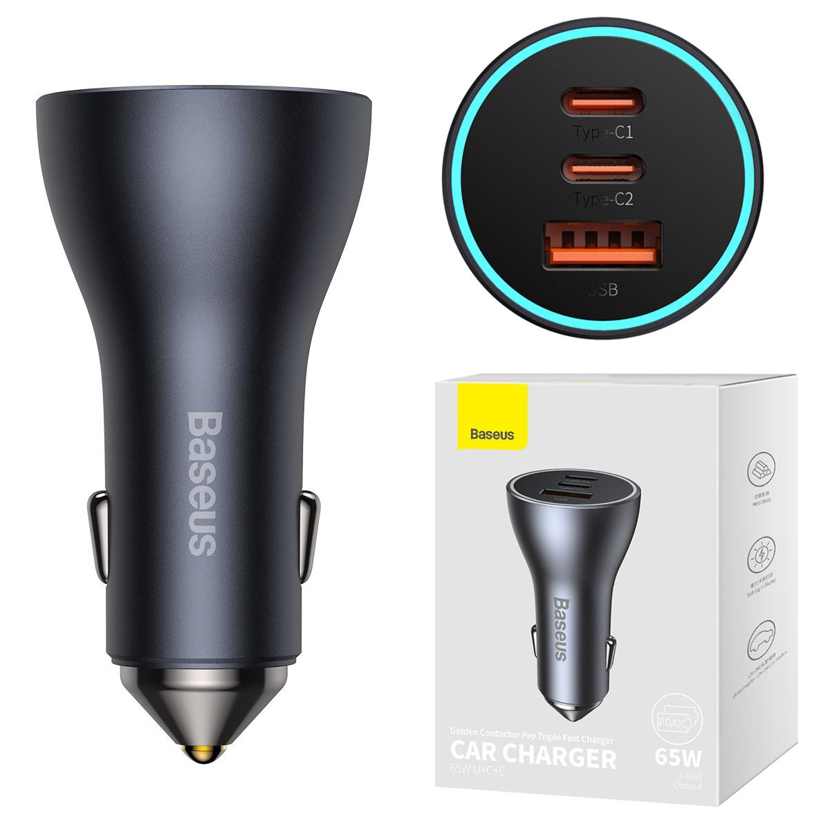 Baseus | Ładowarka Samochodowa USB 2x USB-C 65W QC PD | Szara